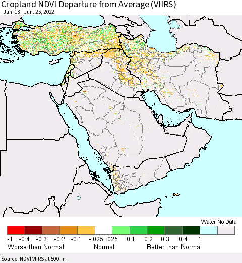 Middle East and Turkey Cropland NDVI Departure from Average (VIIRS) Thematic Map For 6/18/2022 - 6/25/2022