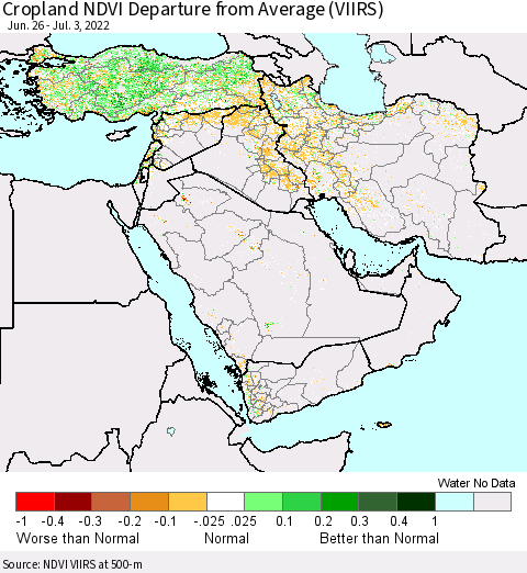Middle East and Turkey Cropland NDVI Departure from Average (VIIRS) Thematic Map For 6/26/2022 - 7/3/2022