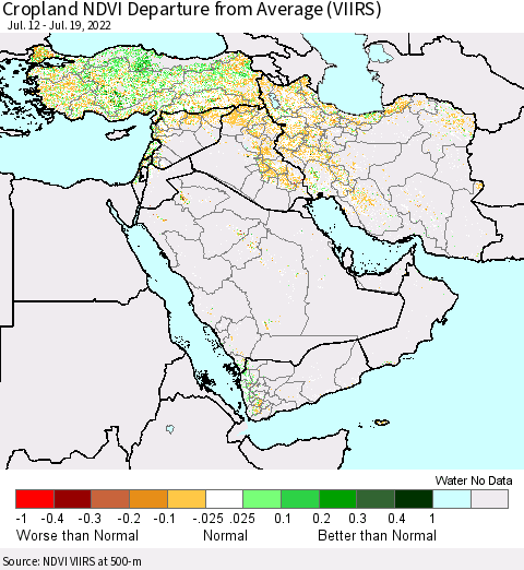 Middle East and Turkey Cropland NDVI Departure from Average (VIIRS) Thematic Map For 7/12/2022 - 7/19/2022