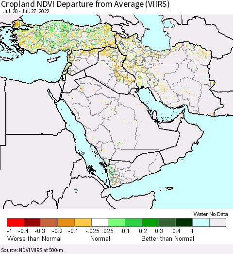 Middle East and Turkey Cropland NDVI Departure from Average (VIIRS) Thematic Map For 7/20/2022 - 7/27/2022