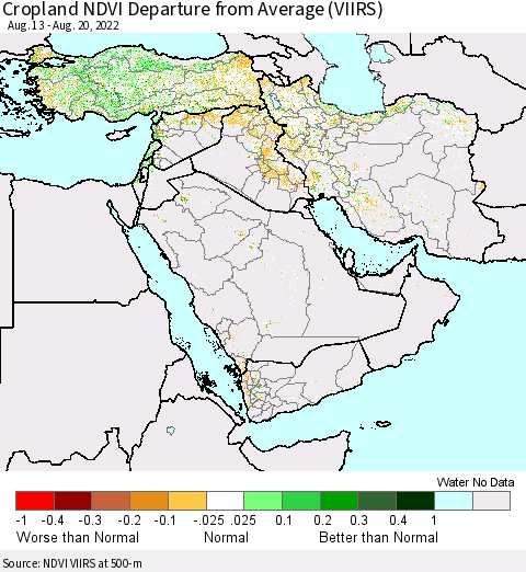 Middle East and Turkey Cropland NDVI Departure from Average (VIIRS) Thematic Map For 8/13/2022 - 8/20/2022