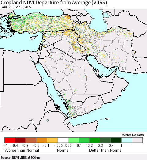 Middle East and Turkey Cropland NDVI Departure from Average (VIIRS) Thematic Map For 8/29/2022 - 9/5/2022