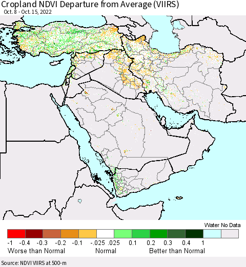 Middle East and Turkey Cropland NDVI Departure from Average (VIIRS) Thematic Map For 10/8/2022 - 10/15/2022