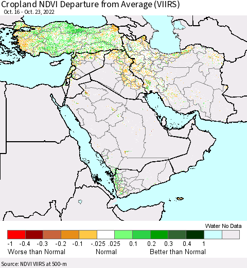 Middle East and Turkey Cropland NDVI Departure from Average (VIIRS) Thematic Map For 10/16/2022 - 10/23/2022