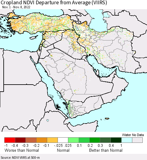 Middle East and Turkey Cropland NDVI Departure from Average (VIIRS) Thematic Map For 11/1/2022 - 11/8/2022