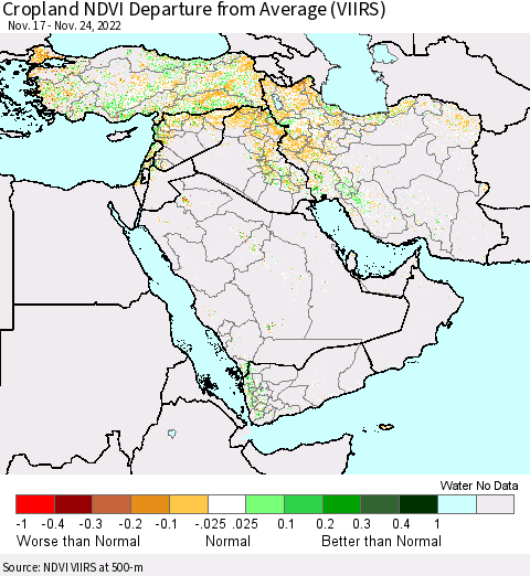 Middle East and Turkey Cropland NDVI Departure from Average (VIIRS) Thematic Map For 11/17/2022 - 11/24/2022
