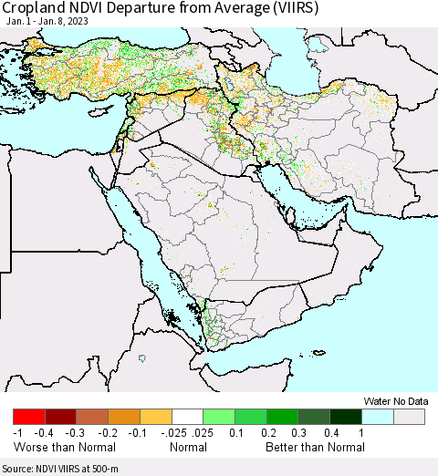 Middle East and Turkey Cropland NDVI Departure from Average (VIIRS) Thematic Map For 1/1/2023 - 1/8/2023