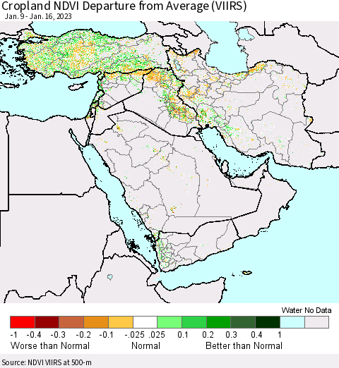 Middle East and Turkey Cropland NDVI Departure from Average (VIIRS) Thematic Map For 1/9/2023 - 1/16/2023