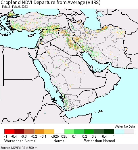 Middle East and Turkey Cropland NDVI Departure from Average (VIIRS) Thematic Map For 2/2/2023 - 2/9/2023