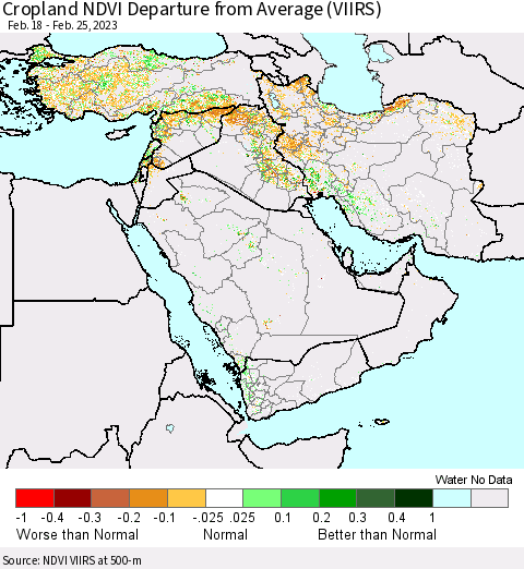 Middle East and Turkey Cropland NDVI Departure from Average (VIIRS) Thematic Map For 2/18/2023 - 2/25/2023