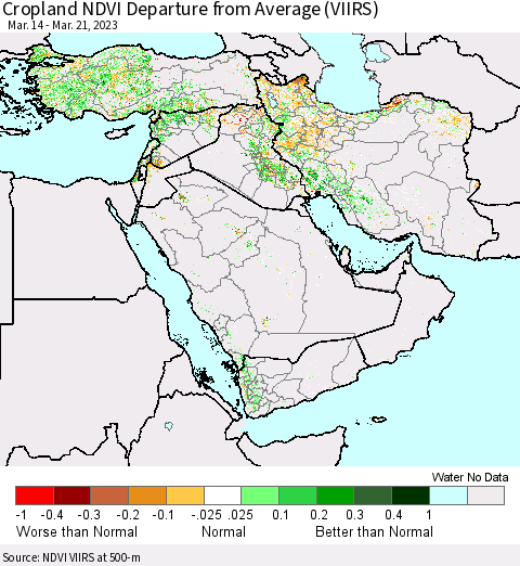 Middle East and Turkey Cropland NDVI Departure from Average (VIIRS) Thematic Map For 3/14/2023 - 3/21/2023