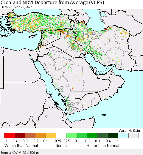 Middle East and Turkey Cropland NDVI Departure from Average (VIIRS) Thematic Map For 3/22/2023 - 3/29/2023