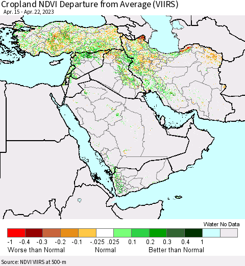Middle East and Turkey Cropland NDVI Departure from Average (VIIRS) Thematic Map For 4/15/2023 - 4/22/2023