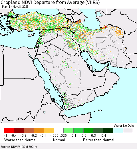 Middle East and Turkey Cropland NDVI Departure from Average (VIIRS) Thematic Map For 5/1/2023 - 5/8/2023