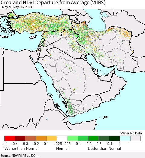 Middle East and Turkey Cropland NDVI Departure from Average (VIIRS) Thematic Map For 5/9/2023 - 5/16/2023