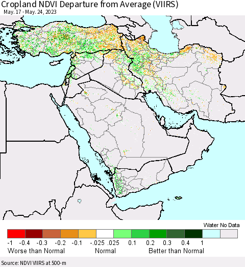 Middle East and Turkey Cropland NDVI Departure from Average (VIIRS) Thematic Map For 5/17/2023 - 5/24/2023