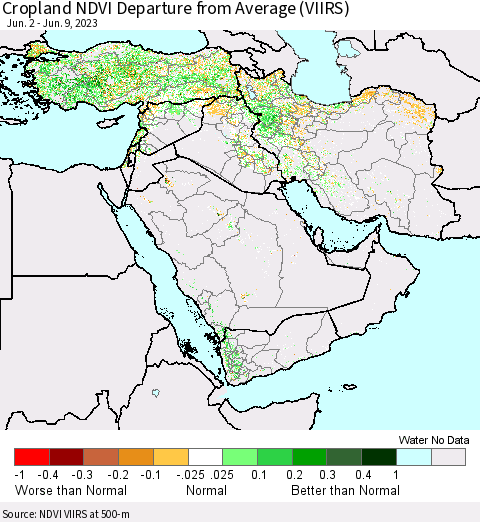 Middle East and Turkey Cropland NDVI Departure from Average (VIIRS) Thematic Map For 6/2/2023 - 6/9/2023