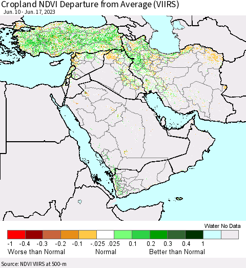 Middle East and Turkey Cropland NDVI Departure from Average (VIIRS) Thematic Map For 6/10/2023 - 6/17/2023
