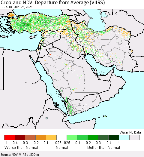 Middle East and Turkey Cropland NDVI Departure from Average (VIIRS) Thematic Map For 6/18/2023 - 6/25/2023