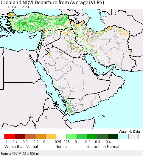 Middle East and Turkey Cropland NDVI Departure from Average (VIIRS) Thematic Map For 7/4/2023 - 7/11/2023