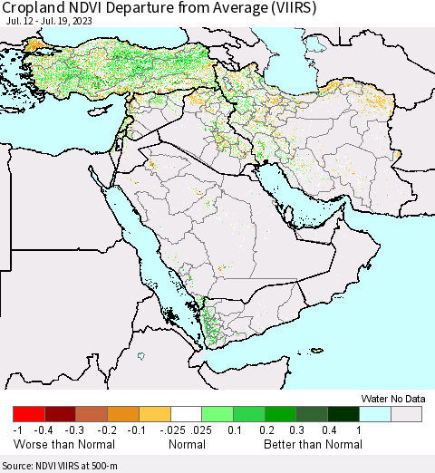 Middle East and Turkey Cropland NDVI Departure from Average (VIIRS) Thematic Map For 7/12/2023 - 7/19/2023
