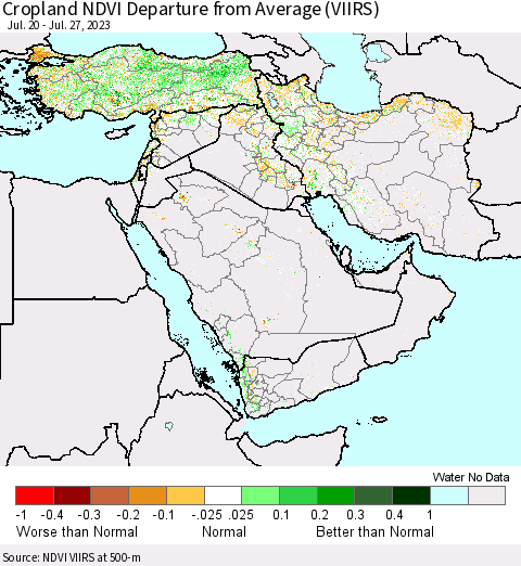 Middle East and Turkey Cropland NDVI Departure from Average (VIIRS) Thematic Map For 7/20/2023 - 7/27/2023