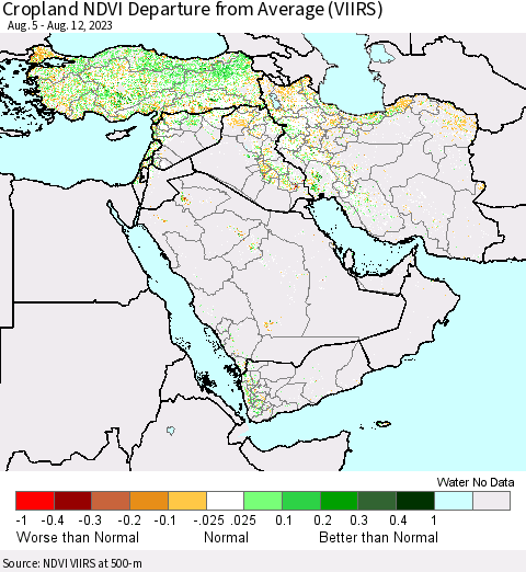 Middle East and Turkey Cropland NDVI Departure from Average (VIIRS) Thematic Map For 8/5/2023 - 8/12/2023