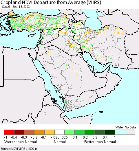 Middle East and Turkey Cropland NDVI Departure from Average (VIIRS) Thematic Map For 9/6/2023 - 9/13/2023