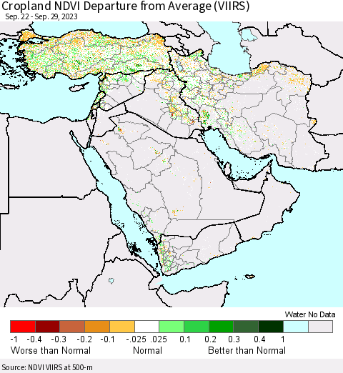 Middle East and Turkey Cropland NDVI Departure from Average (VIIRS) Thematic Map For 9/22/2023 - 9/29/2023