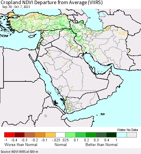 Middle East and Turkey Cropland NDVI Departure from Average (VIIRS) Thematic Map For 9/30/2023 - 10/7/2023