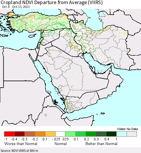Middle East and Turkey Cropland NDVI Departure from Average (VIIRS) Thematic Map For 10/8/2023 - 10/15/2023