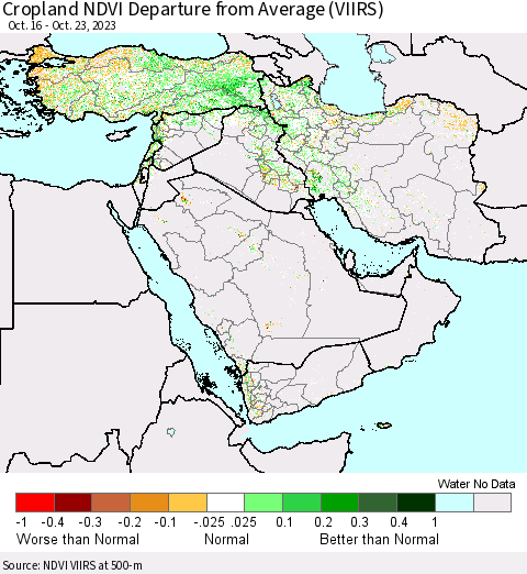 Middle East and Turkey Cropland NDVI Departure from Average (VIIRS) Thematic Map For 10/16/2023 - 10/23/2023