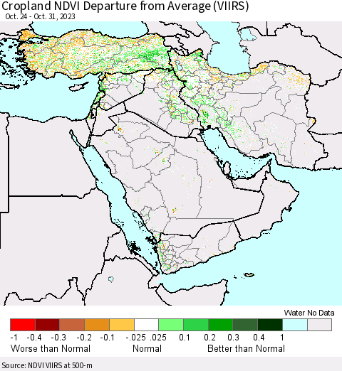 Middle East and Turkey Cropland NDVI Departure from Average (VIIRS) Thematic Map For 10/24/2023 - 10/31/2023