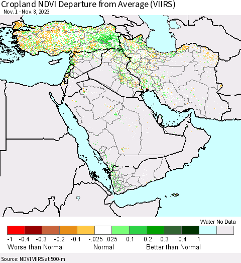 Middle East and Turkey Cropland NDVI Departure from Average (VIIRS) Thematic Map For 11/1/2023 - 11/8/2023