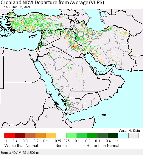 Middle East and Turkey Cropland NDVI Departure from Average (VIIRS) Thematic Map For 1/9/2024 - 1/16/2024