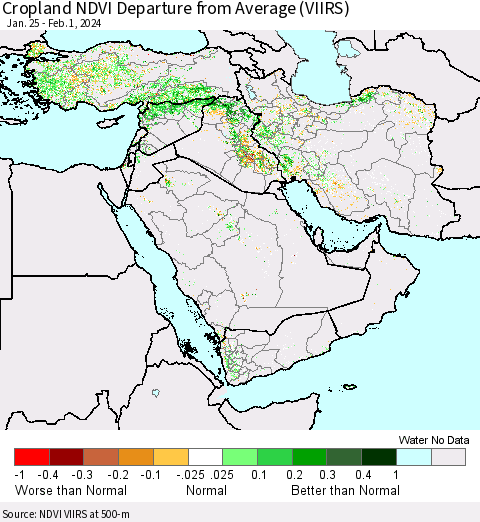 Middle East and Turkey Cropland NDVI Departure from Average (VIIRS) Thematic Map For 1/25/2024 - 2/1/2024
