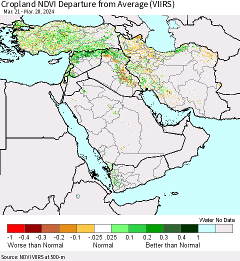 Middle East and Turkey Cropland NDVI Departure from Average (VIIRS) Thematic Map For 3/21/2024 - 3/28/2024