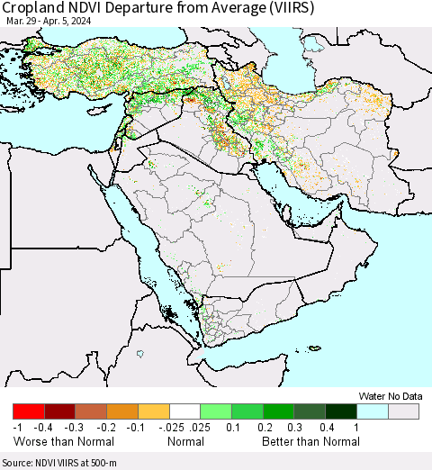 Middle East and Turkey Cropland NDVI Departure from Average (VIIRS) Thematic Map For 3/29/2024 - 4/5/2024