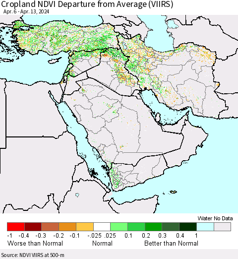 Middle East and Turkey Cropland NDVI Departure from Average (VIIRS) Thematic Map For 4/6/2024 - 4/13/2024