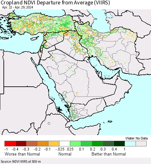 Middle East and Turkey Cropland NDVI Departure from Average (VIIRS) Thematic Map For 4/22/2024 - 4/29/2024