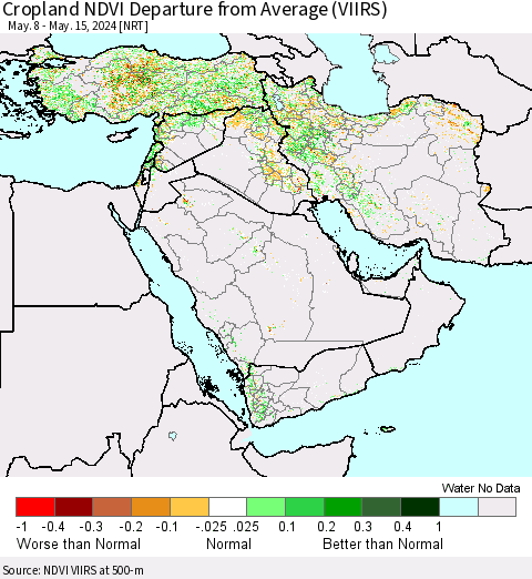 Middle East and Turkey Cropland NDVI Departure from Average (VIIRS) Thematic Map For 5/8/2024 - 5/15/2024