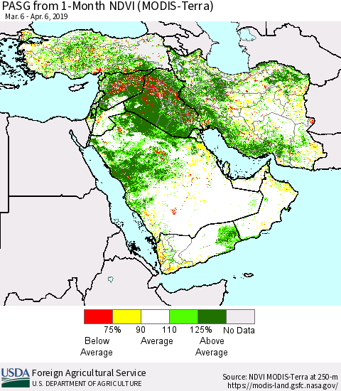Middle East and Turkey PASG from 1-Month NDVI (Terra-MODIS) Thematic Map For 4/1/2019 - 4/10/2019