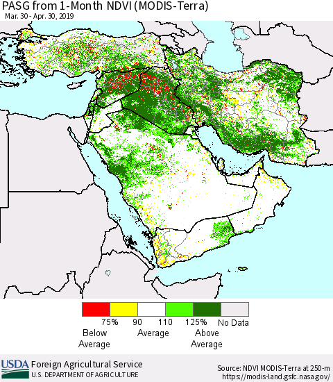 Middle East and Turkey PASG from 1-Month NDVI (Terra-MODIS) Thematic Map For 4/21/2019 - 4/30/2019