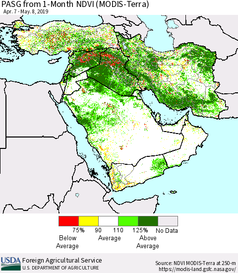 Middle East and Turkey PASG from 1-Month NDVI (Terra-MODIS) Thematic Map For 5/1/2019 - 5/10/2019