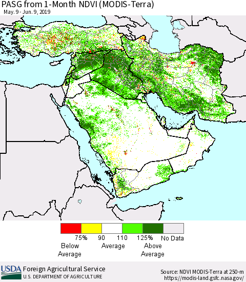 Middle East and Turkey PASG from 1-Month NDVI (Terra-MODIS) Thematic Map For 6/1/2019 - 6/10/2019