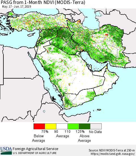 Middle East and Turkey PASG from 1-Month NDVI (Terra-MODIS) Thematic Map For 6/11/2019 - 6/20/2019