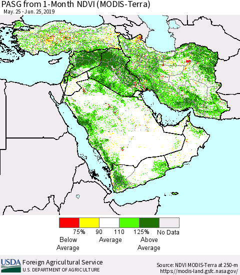 Middle East and Turkey PASG from 1-Month NDVI (Terra-MODIS) Thematic Map For 6/21/2019 - 6/30/2019