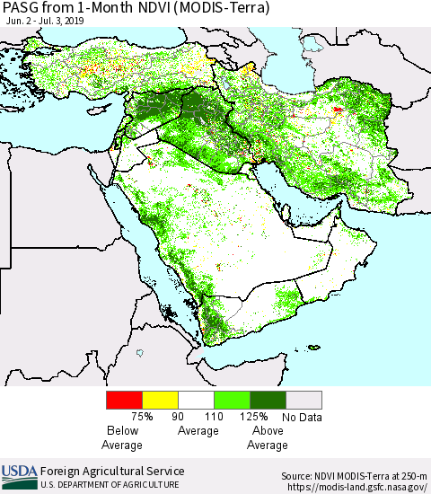 Middle East and Turkey PASG from 1-Month NDVI (Terra-MODIS) Thematic Map For 7/1/2019 - 7/10/2019