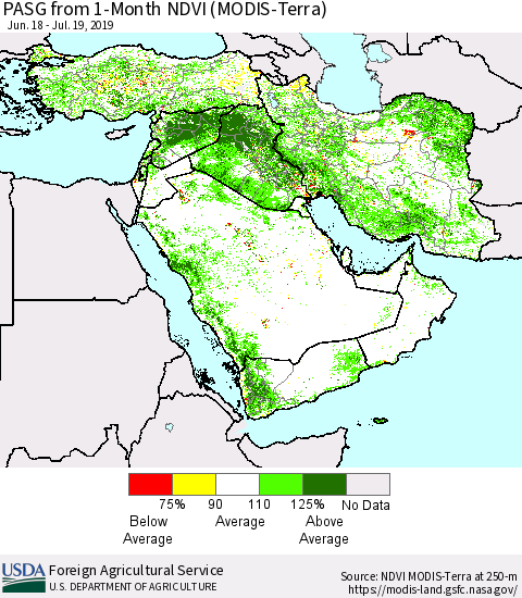 Middle East and Turkey PASG from 1-Month NDVI (Terra-MODIS) Thematic Map For 7/11/2019 - 7/20/2019