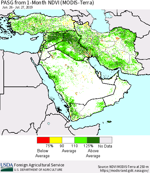 Middle East and Turkey PASG from 1-Month NDVI (Terra-MODIS) Thematic Map For 7/21/2019 - 7/31/2019